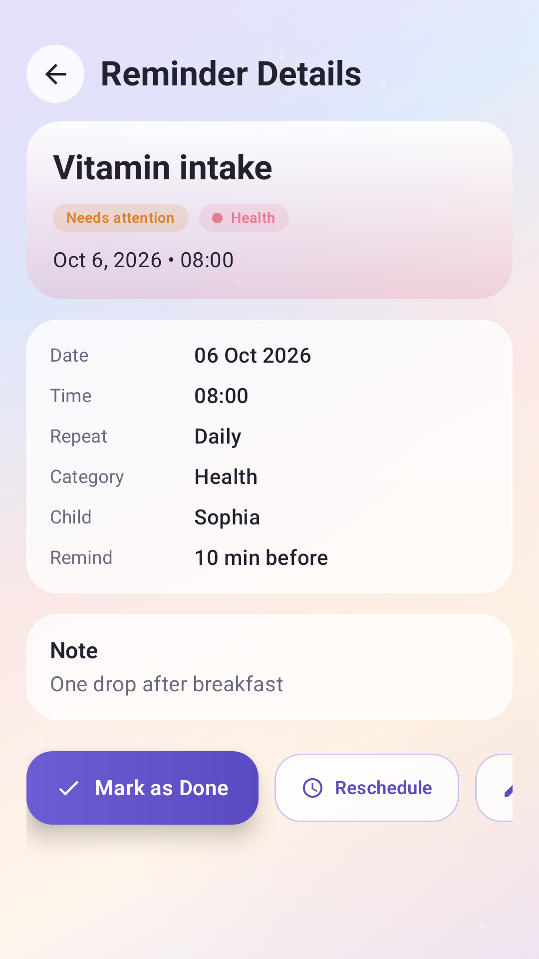 Reminder details screen