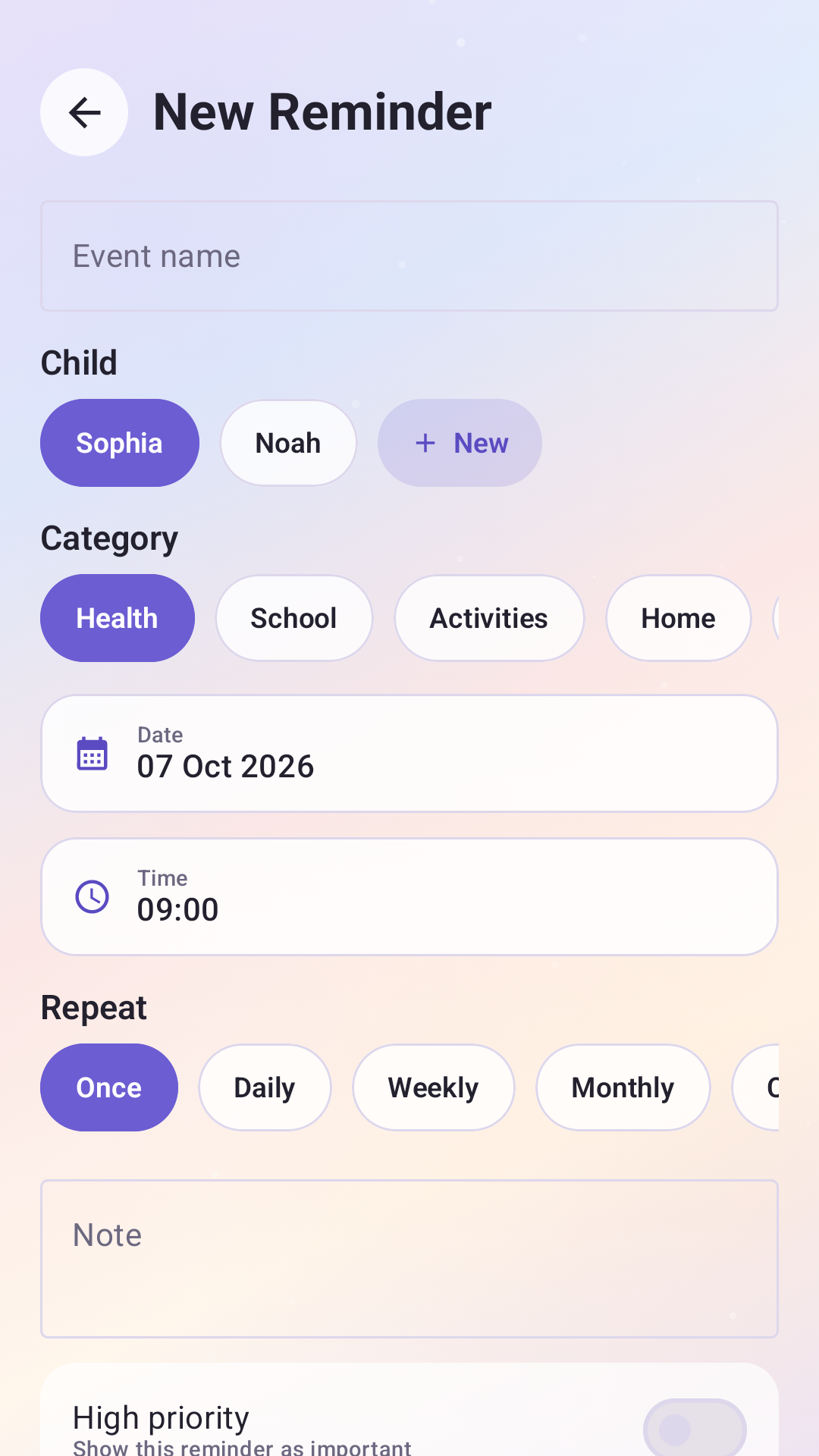 New reminder screen